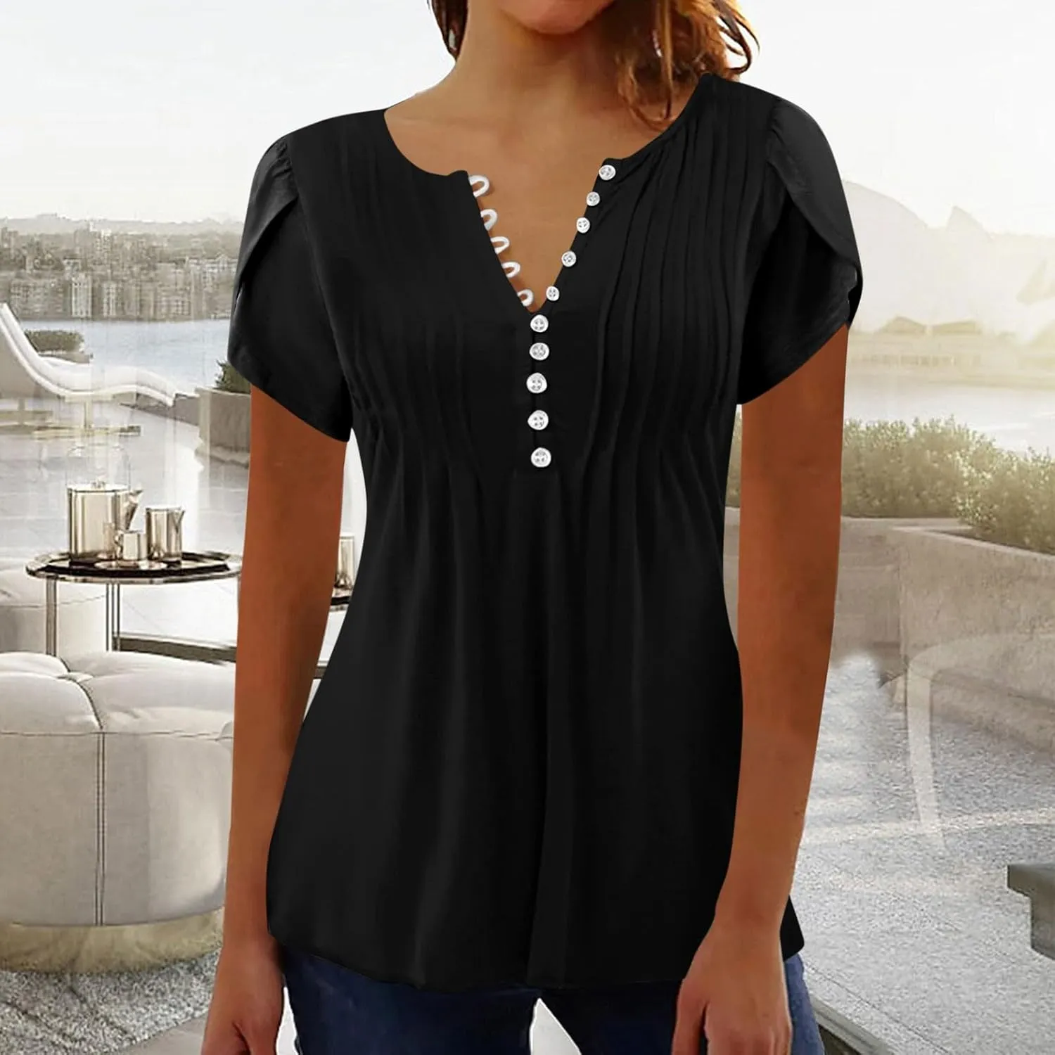 JOAU Women's Petal Short Sleeve Flowy Tunic Tops Dressy Casual Summer Pleated Front Blouses Loose V Neck Button Henley Shirts