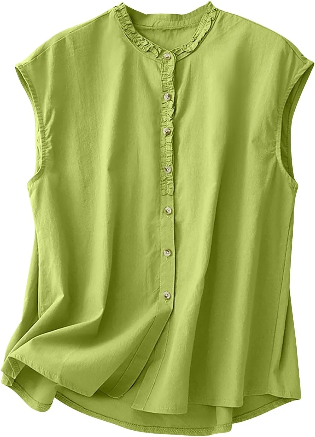 JOAU Women's Summer Button Down Cotton Linen Shirts Casual Sleeveless Frill Trim Crew Neck Cute Tank Tops Dressy Blouses