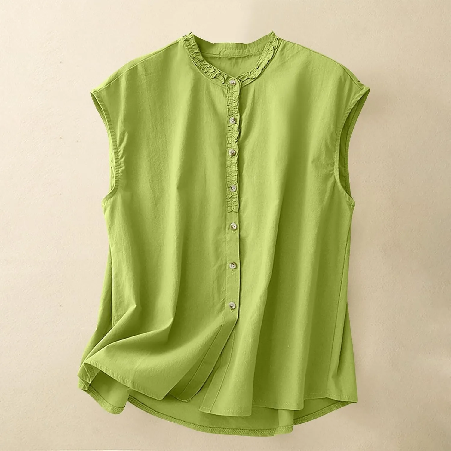 JOAU Women's Summer Button Down Cotton Linen Shirts Casual Sleeveless Frill Trim Crew Neck Cute Tank Tops Dressy Blouses