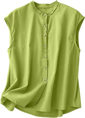 JOAU Women's Summer Button Down Cotton Linen Shirts Casual Sleeveless Frill Trim Crew Neck Cute Tank Tops Dressy Blouses