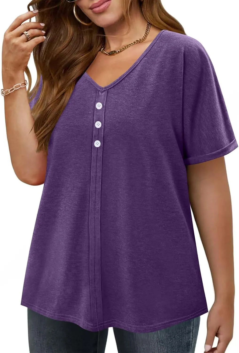 JOAU Womens Summer Plus Size Tunic Tops Trendy V Neck Short Sleeve Blouses Dressy Casual Loose Button Pleated Front Shirts