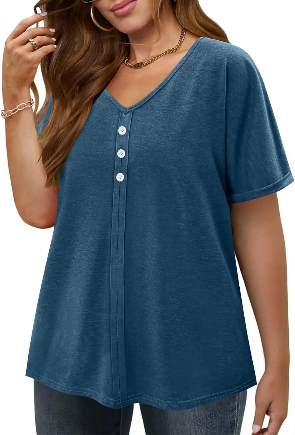 JOAU Womens Summer Plus Size Tunic Tops Trendy V Neck Short Sleeve Blouses Dressy Casual Loose Button Pleated Front Shirts