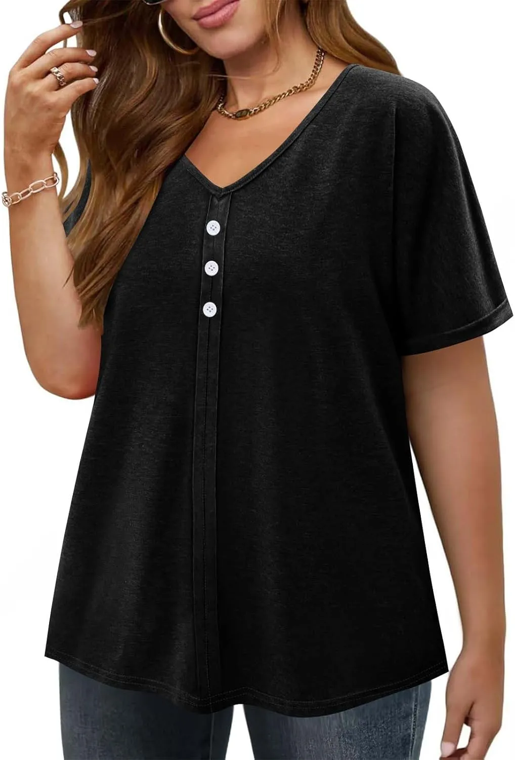 JOAU Womens Summer Plus Size Tunic Tops Trendy V Neck Short Sleeve Blouses Dressy Casual Loose Button Pleated Front Shirts