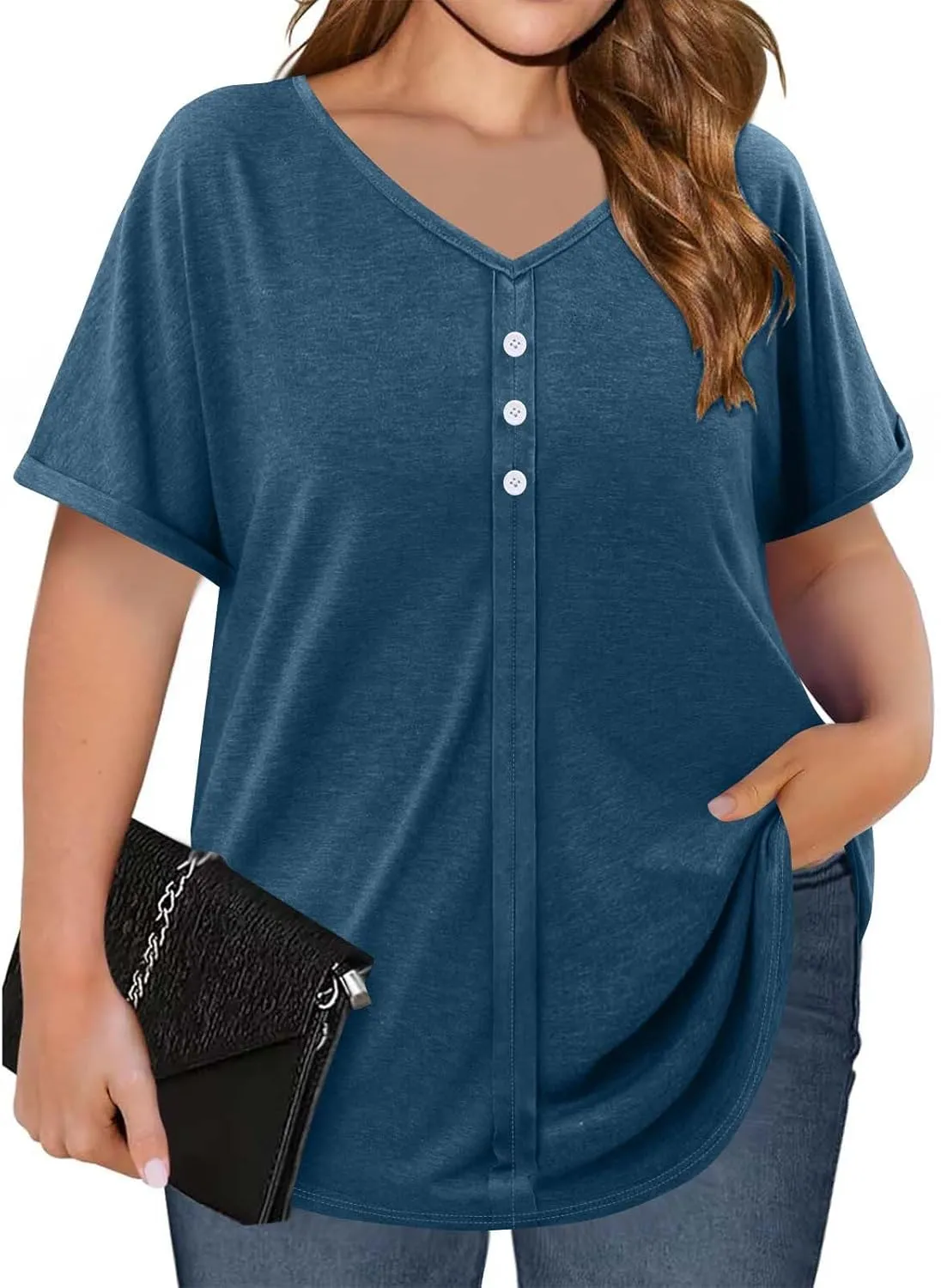 JOAU Womens Summer Plus Size Tunic Tops Trendy V Neck Short Sleeve Blouses Dressy Casual Loose Button Pleated Front Shirts