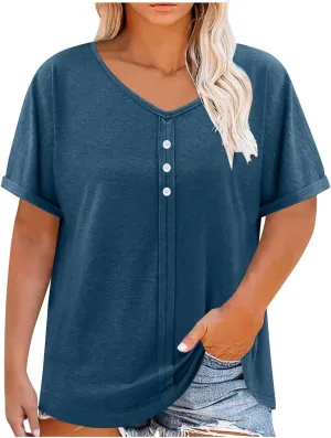 JOAU Womens Summer Plus Size Tunic Tops Trendy V Neck Short Sleeve Blouses Dressy Casual Loose Button Pleated Front Shirts