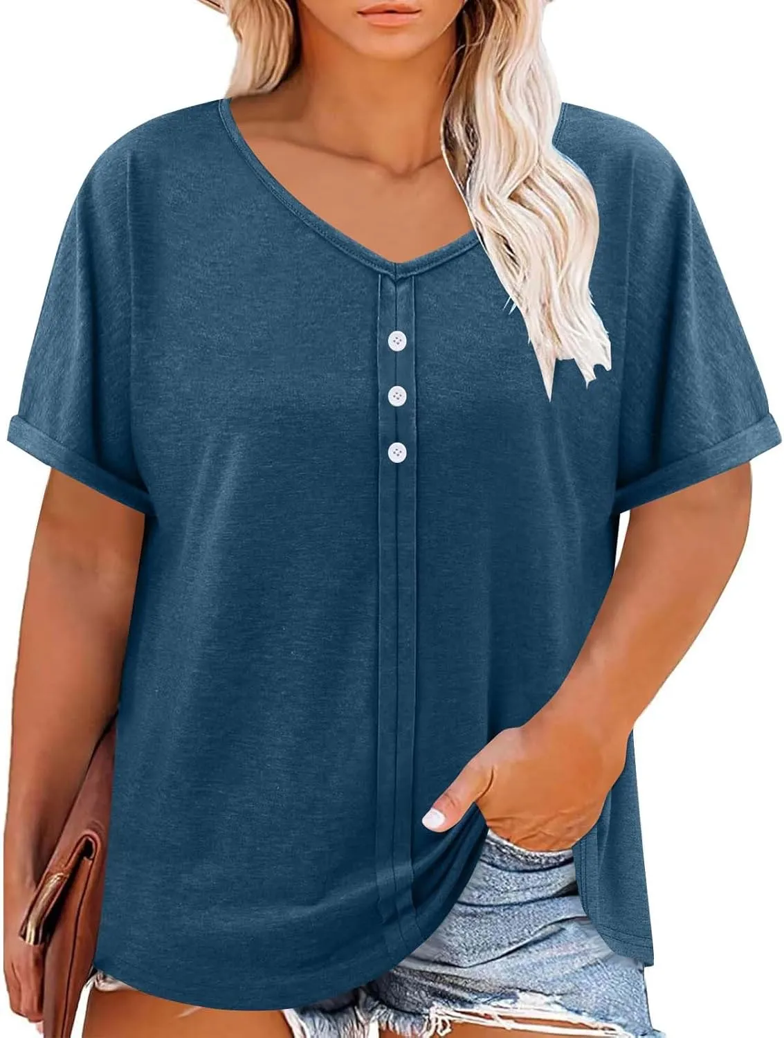 JOAU Womens Summer Plus Size Tunic Tops Trendy V Neck Short Sleeve Blouses Dressy Casual Loose Button Pleated Front Shirts