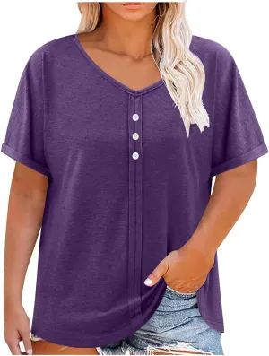 JOAU Womens Summer Plus Size Tunic Tops Trendy V Neck Short Sleeve Blouses Dressy Casual Loose Button Pleated Front Shirts