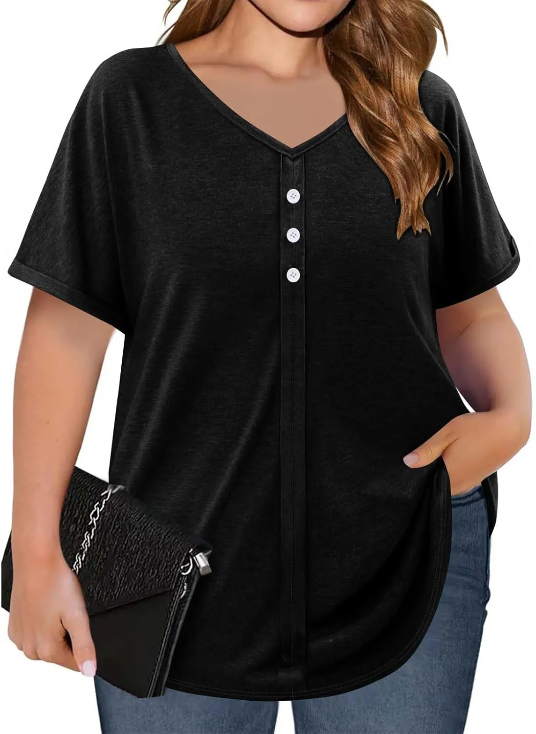 JOAU Womens Summer Plus Size Tunic Tops Trendy V Neck Short Sleeve Blouses Dressy Casual Loose Button Pleated Front Shirts