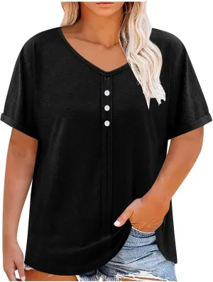 JOAU Womens Summer Plus Size Tunic Tops Trendy V Neck Short Sleeve Blouses Dressy Casual Loose Button Pleated Front Shirts