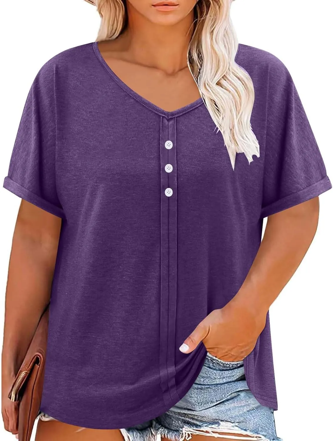 JOAU Womens Summer Plus Size Tunic Tops Trendy V Neck Short Sleeve Blouses Dressy Casual Loose Button Pleated Front Shirts