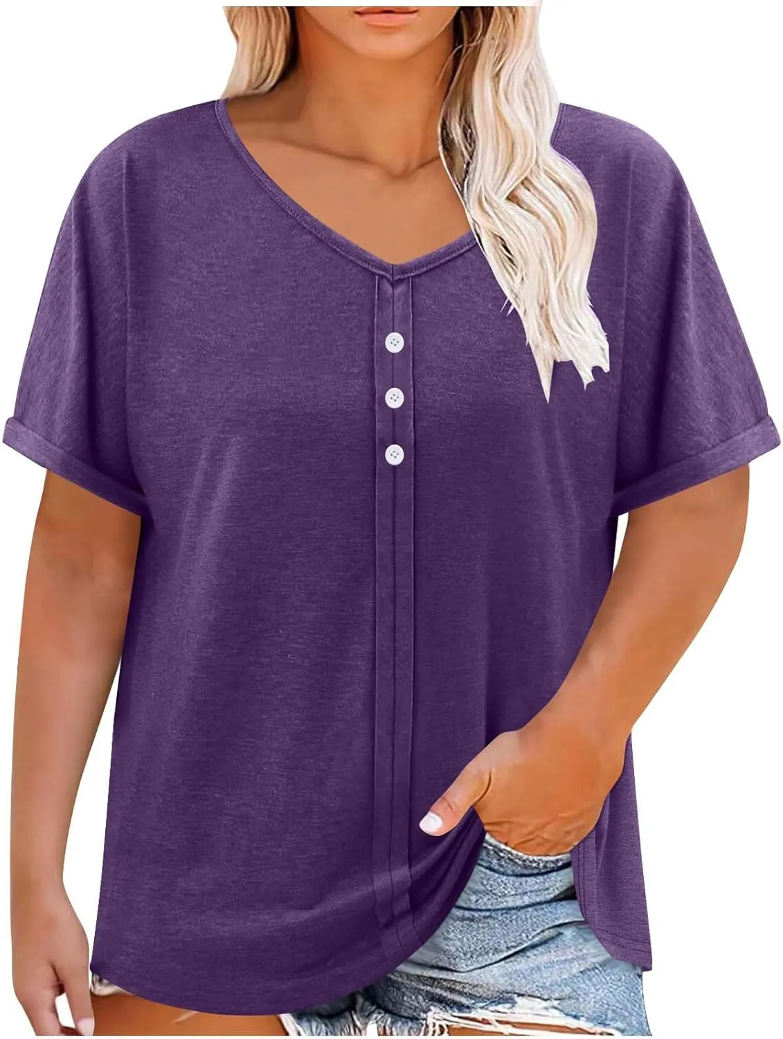 JOAU Womens Summer Plus Size Tunic Tops Trendy V Neck Short Sleeve Blouses Dressy Casual Loose Button Pleated Front Shirts