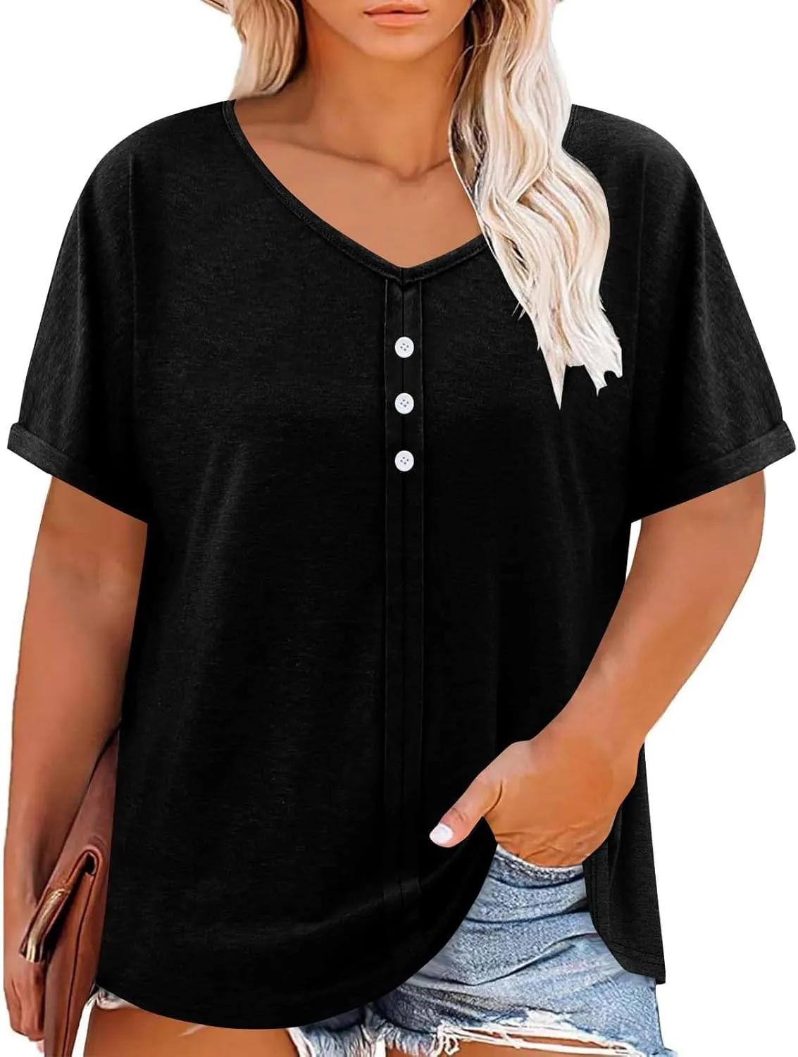 JOAU Womens Summer Plus Size Tunic Tops Trendy V Neck Short Sleeve Blouses Dressy Casual Loose Button Pleated Front Shirts