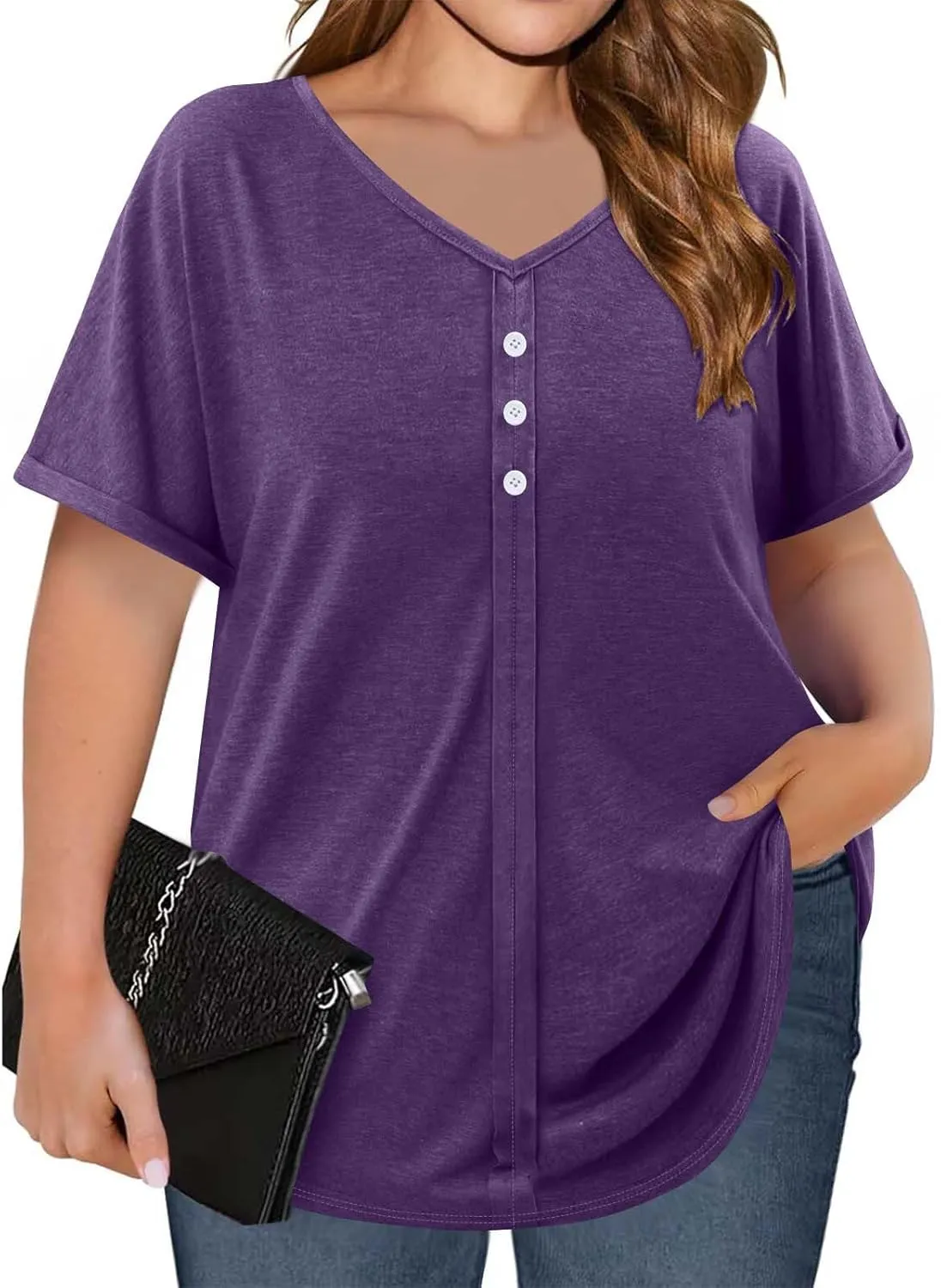 JOAU Womens Summer Plus Size Tunic Tops Trendy V Neck Short Sleeve Blouses Dressy Casual Loose Button Pleated Front Shirts