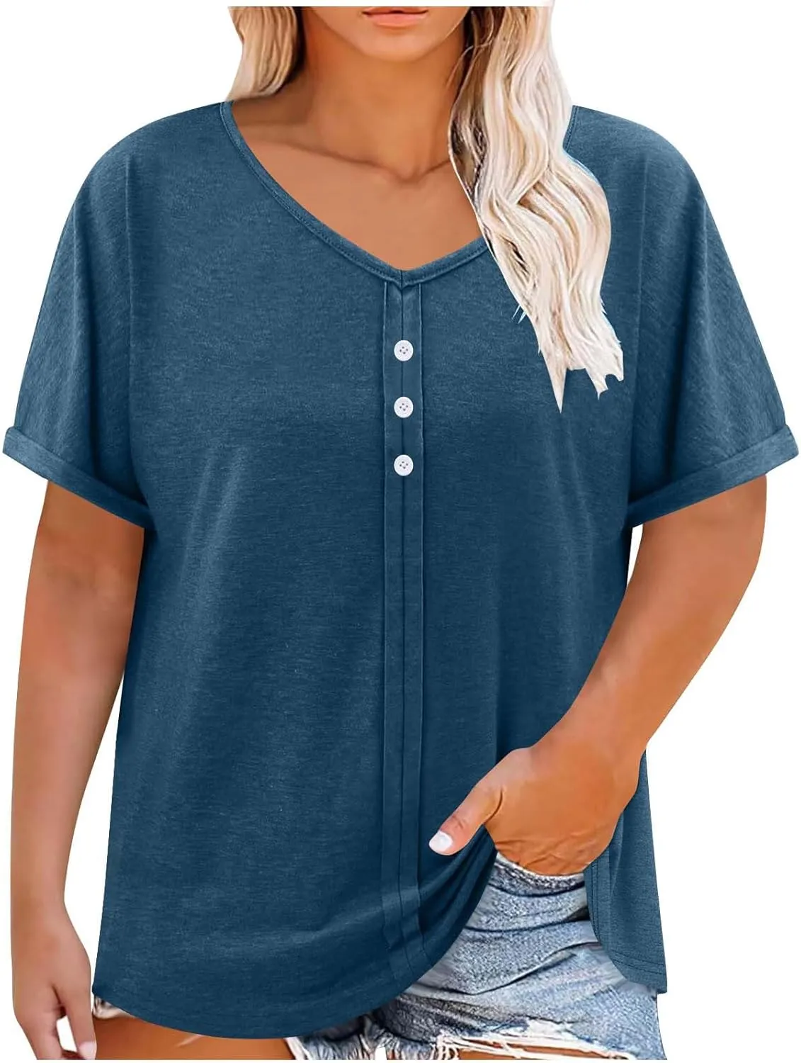 JOAU Womens Summer Plus Size Tunic Tops Trendy V Neck Short Sleeve Blouses Dressy Casual Loose Button Pleated Front Shirts