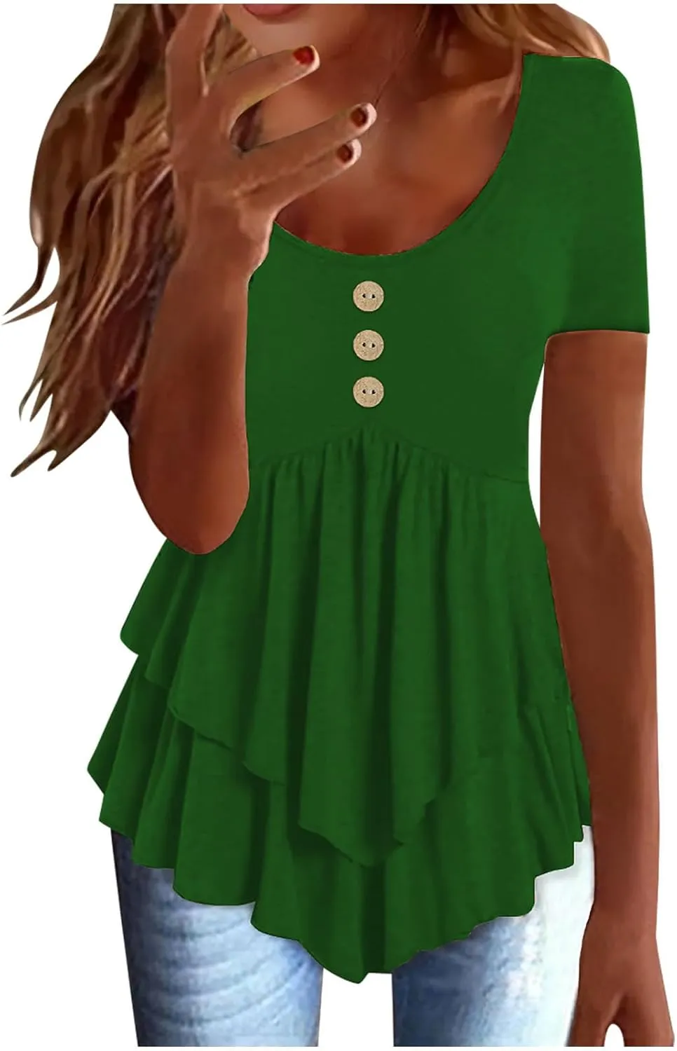 JOAU Womens Summer Short Sleeve Tunic Tops Casual Pleated Crew Neck Babydoll Shirts Flowy Ruffle Button Beach Peplum Blouses