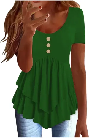 JOAU Womens Summer Short Sleeve Tunic Tops Casual Pleated Crew Neck Babydoll Shirts Flowy Ruffle Button Beach Peplum Blouses