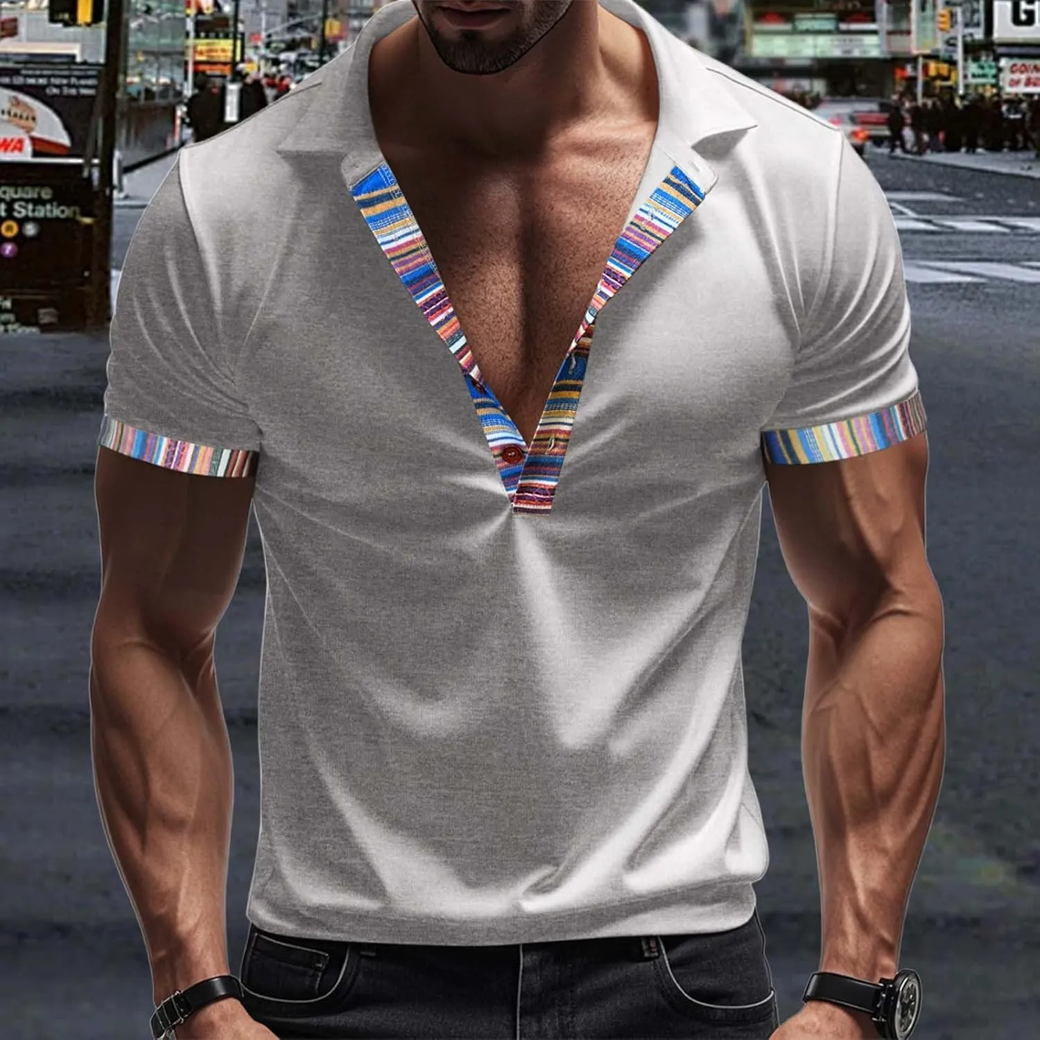 Lapel Collared Muscle Polo Shirts Men Slim Fit Textured Knit Polo Shirts Short Sleeve Button Down Shirts Casual