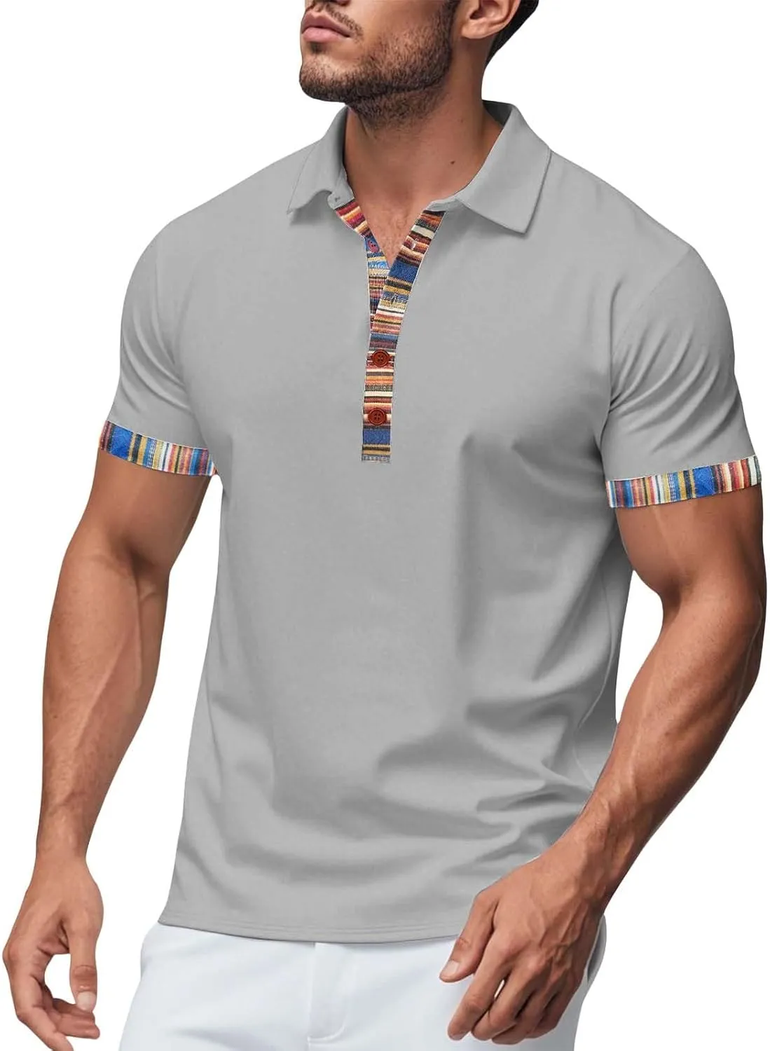 Lapel Collared Muscle Polo Shirts Men Slim Fit Textured Knit Polo Shirts Short Sleeve Button Down Shirts Casual
