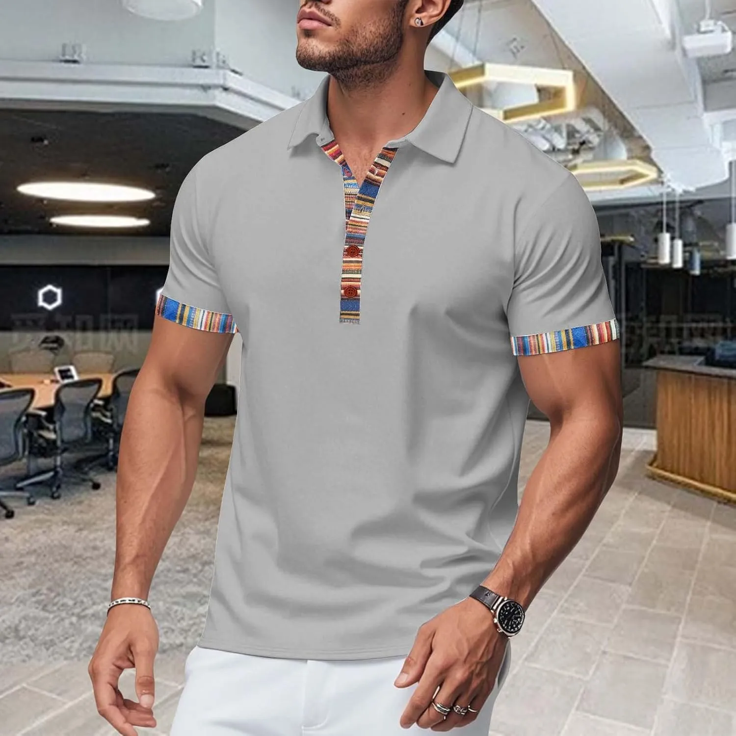 Lapel Collared Muscle Polo Shirts Men Slim Fit Textured Knit Polo Shirts Short Sleeve Button Down Shirts Casual