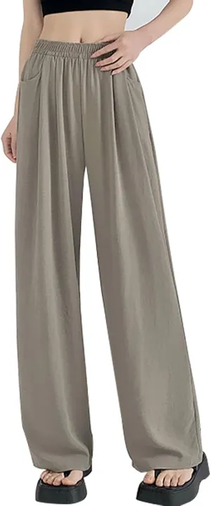 Lightweight Pants for Women Trendy Casual Elastic High Waisted Straight Leg Long Pants Lounge Trousers with Pockets