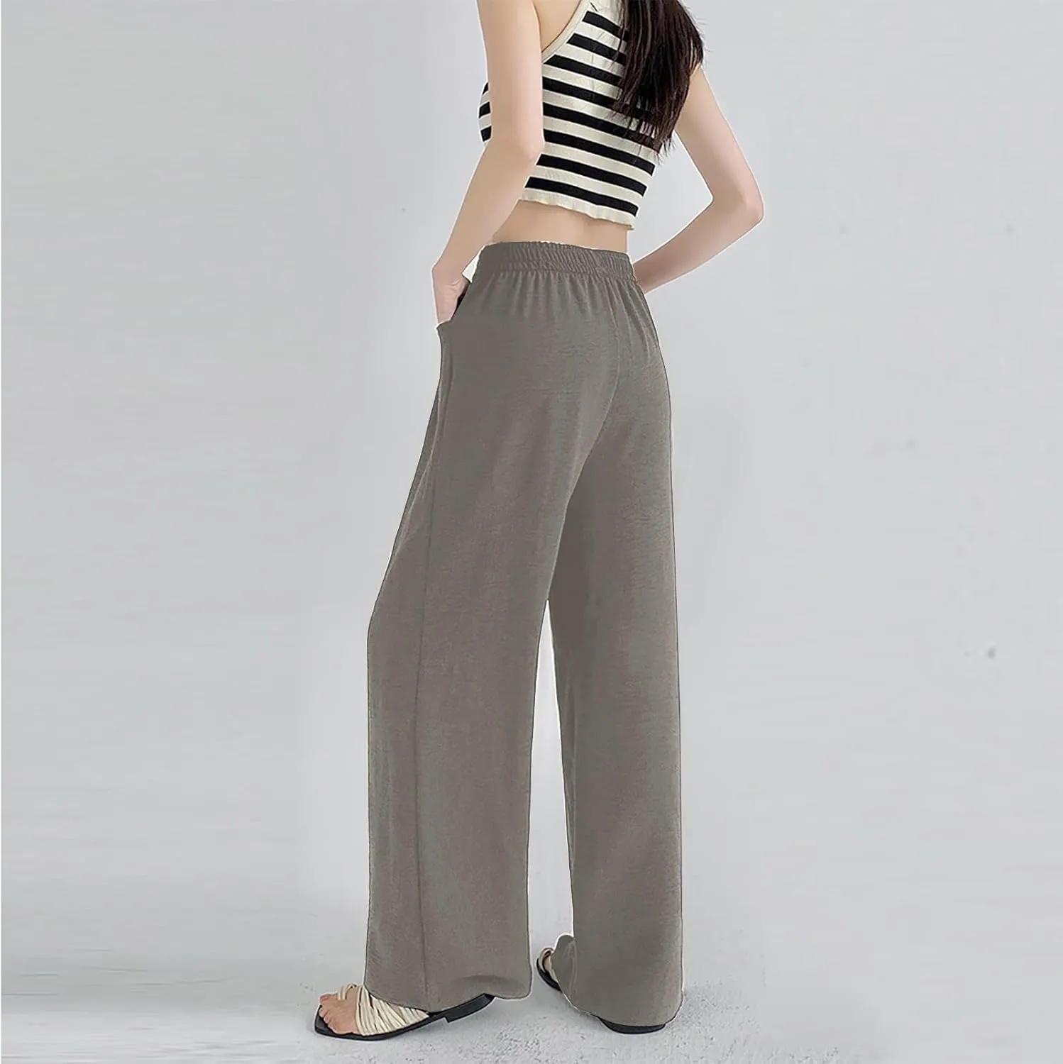 Lightweight Pants for Women Trendy Casual Elastic High Waisted Straight Leg Long Pants Lounge Trousers with Pockets