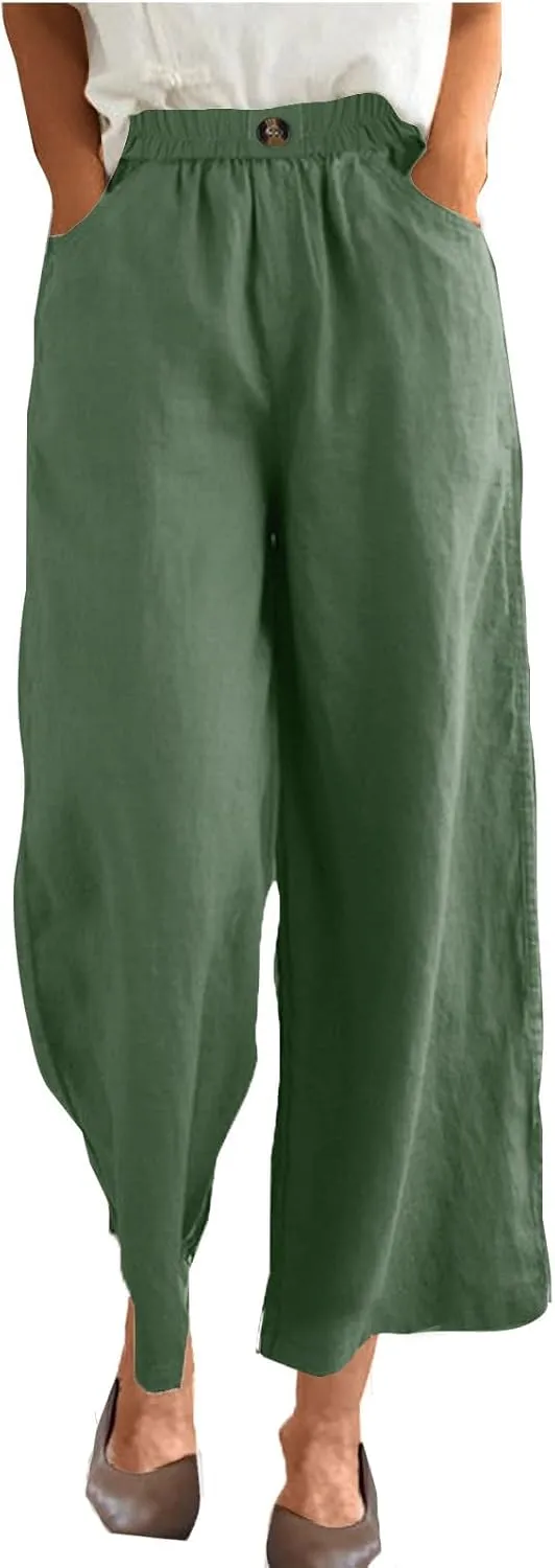 Linen Capri Pants for Women Plus Size Elastic Waist Pants Baggy Wide Leg Pants Summer Lounge Pants Loose Fit Joggers