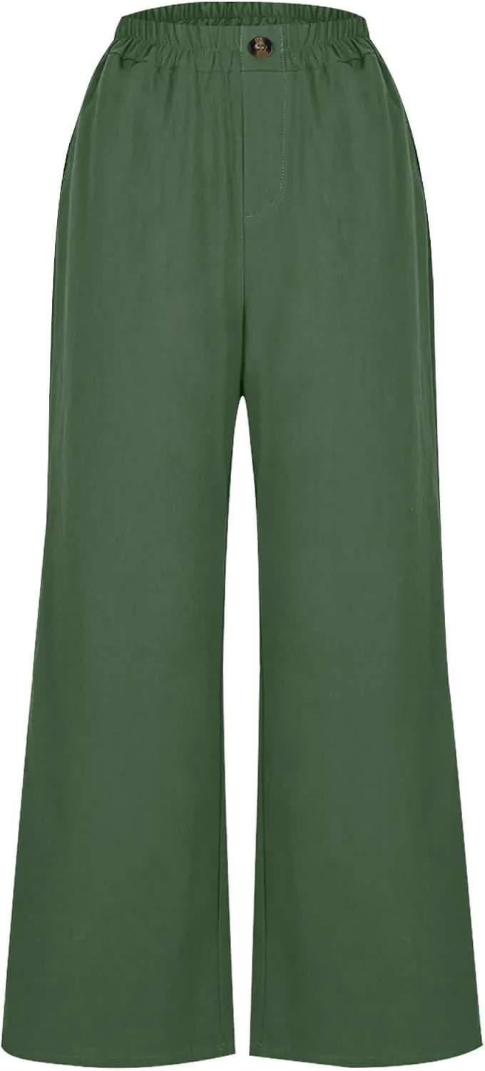 Linen Capri Pants for Women Plus Size Elastic Waist Pants Baggy Wide Leg Pants Summer Lounge Pants Loose Fit Joggers