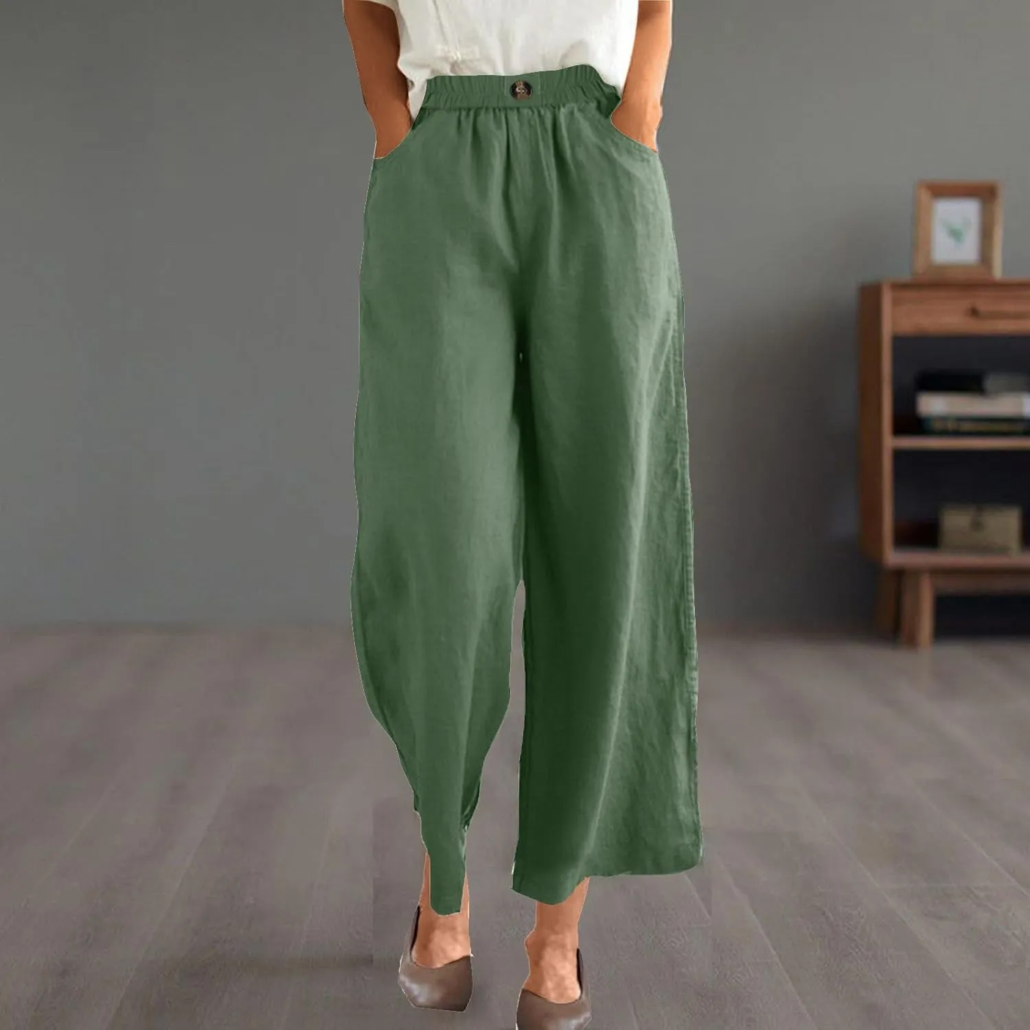 Linen Capri Pants for Women Plus Size Elastic Waist Pants Baggy Wide Leg Pants Summer Lounge Pants Loose Fit Joggers