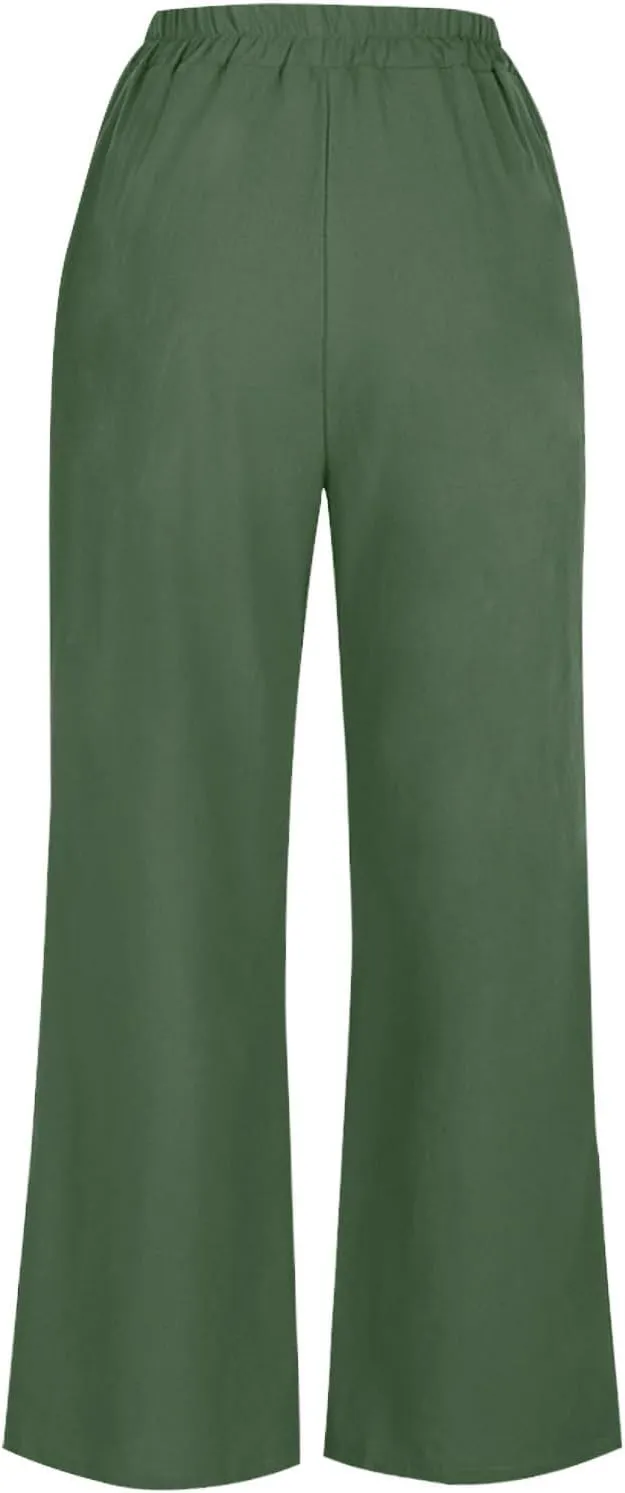 Linen Capri Pants for Women Plus Size Elastic Waist Pants Baggy Wide Leg Pants Summer Lounge Pants Loose Fit Joggers