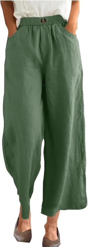 Linen Capri Pants for Women Plus Size Elastic Waist Pants Baggy Wide Leg Pants Summer Lounge Pants Loose Fit Joggers