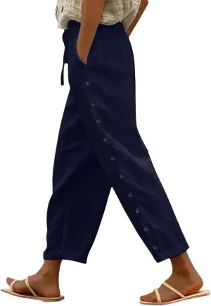 Linen Pants for Women Casual Summer Loose Solid Color High Waisted Straight Leg Beach Linen Pants Comfy Lounge Trousers