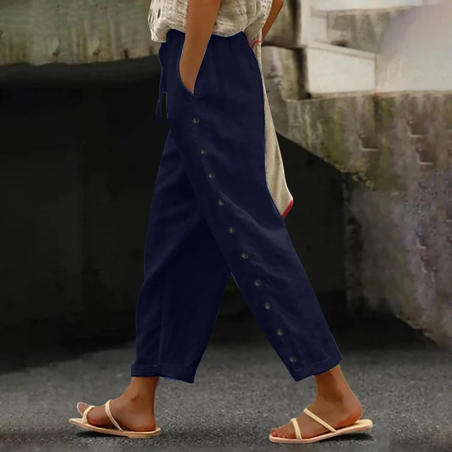 Linen Pants for Women Casual Summer Loose Solid Color High Waisted Straight Leg Beach Linen Pants Comfy Lounge Trousers