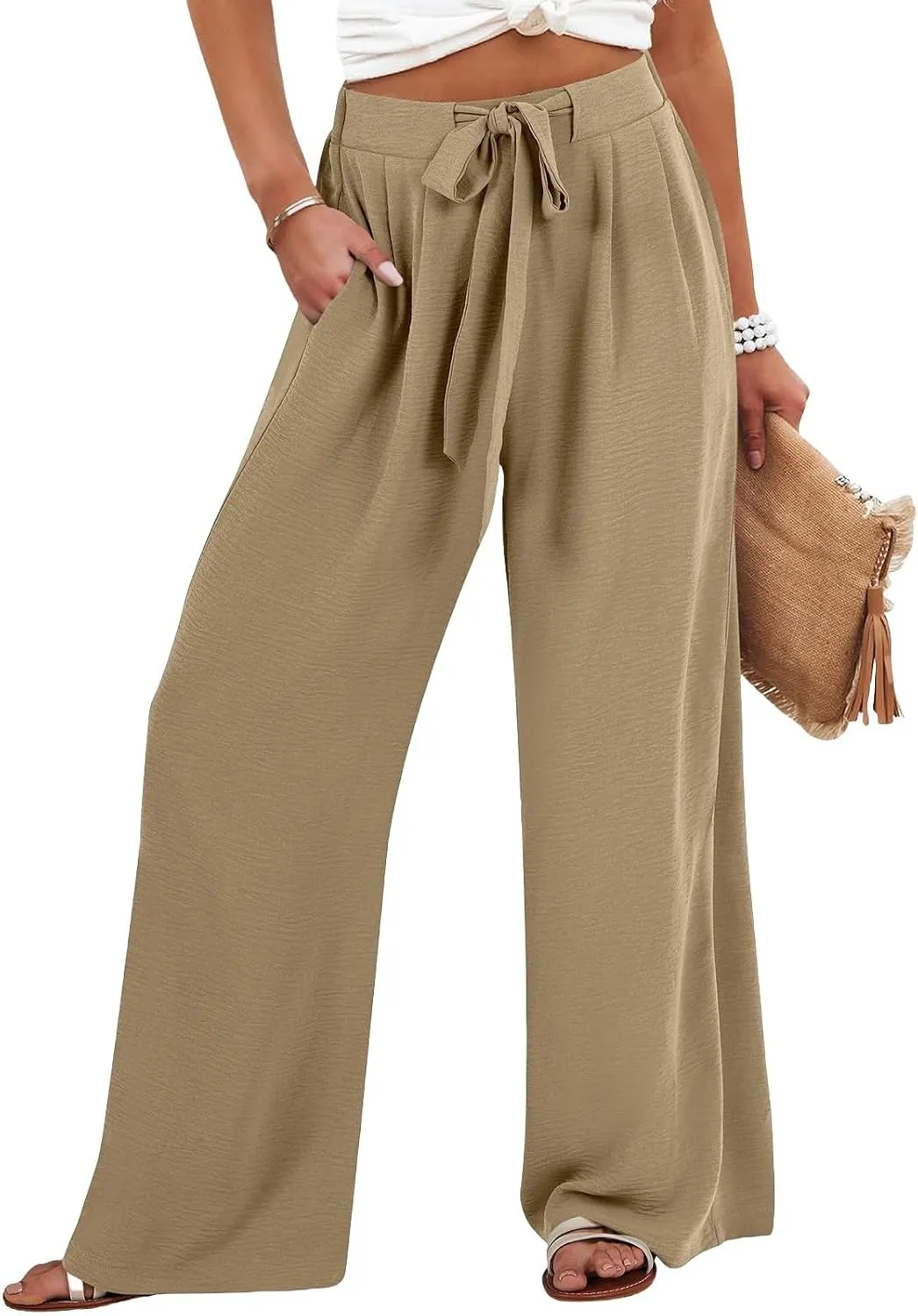 Linen Pants Women High Waisted Wide Leg Work Pants Business Casual Formal Pull On Dress Pants with Pockets Slacks