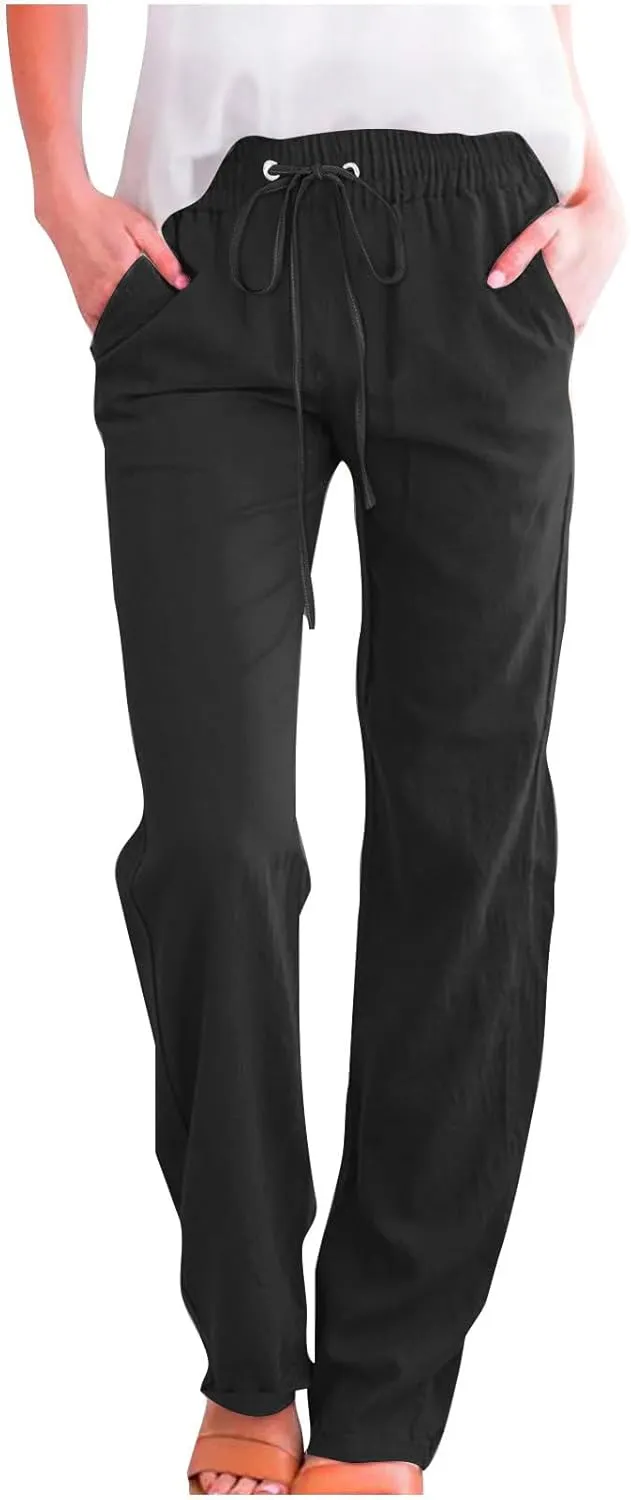 Linen Pants Women Plus Size Elastic Waist Pants Straight Leg Jogger Pants Summer Lounge Pants Casual Beach Pants