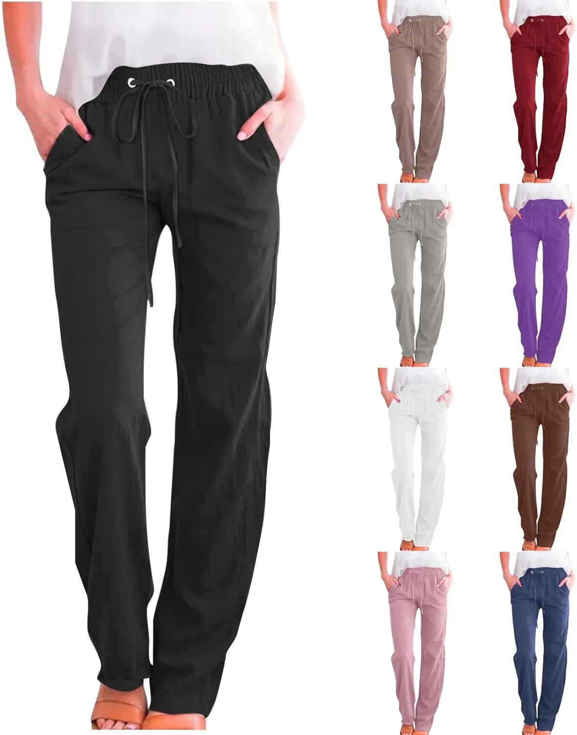 Linen Pants Women Plus Size Elastic Waist Pants Straight Leg Jogger Pants Summer Lounge Pants Casual Beach Pants