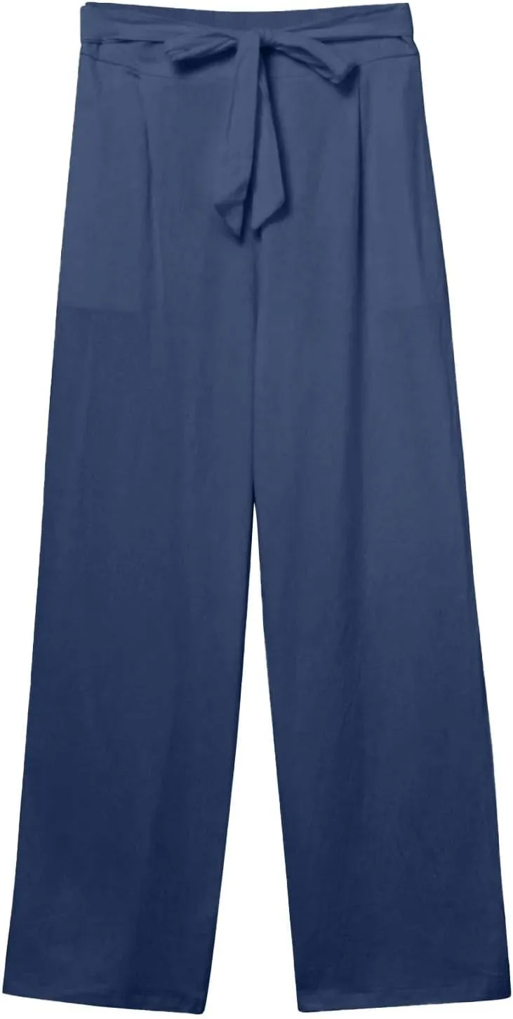 Linen Pants Women Summer Straight Leg High Waisted Work Pants with Pockets Plus Size Elastic Waist Pants Trousers