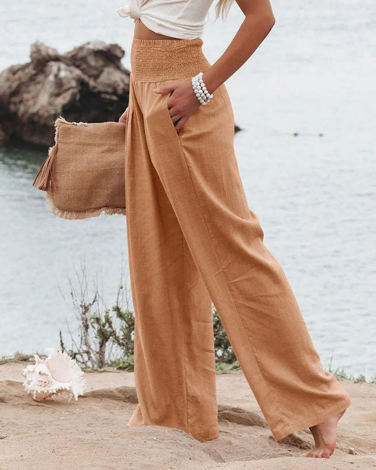 Linen Pants Women Wide Leg Boho Palazzo Pants 2025 Casual Elastic High Waisted Pants Drawstring Lounge Trousers