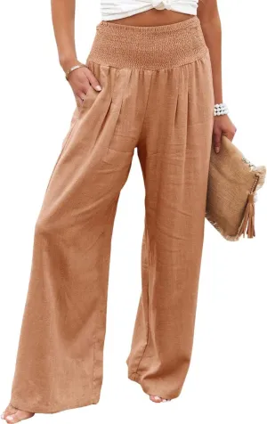 Linen Pants Women Wide Leg Boho Palazzo Pants 2025 Casual Elastic High Waisted Pants Drawstring Lounge Trousers