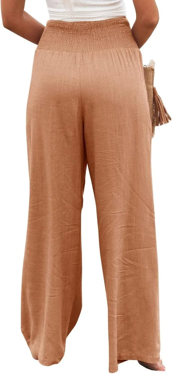 Linen Pants Women Wide Leg Boho Palazzo Pants 2025 Casual Elastic High Waisted Pants Drawstring Lounge Trousers