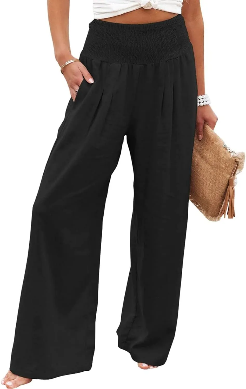 Linen Pants Women Wide Leg Boho Palazzo Pants 2025 Casual Elastic High Waisted Pants Drawstring Lounge Trousers