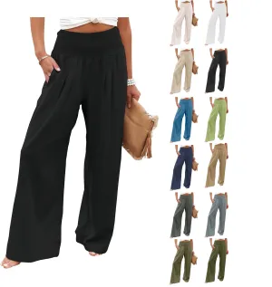 Linen Pants Women Wide Leg Boho Palazzo Pants 2025 Casual Elastic High Waisted Pants Drawstring Lounge Trousers