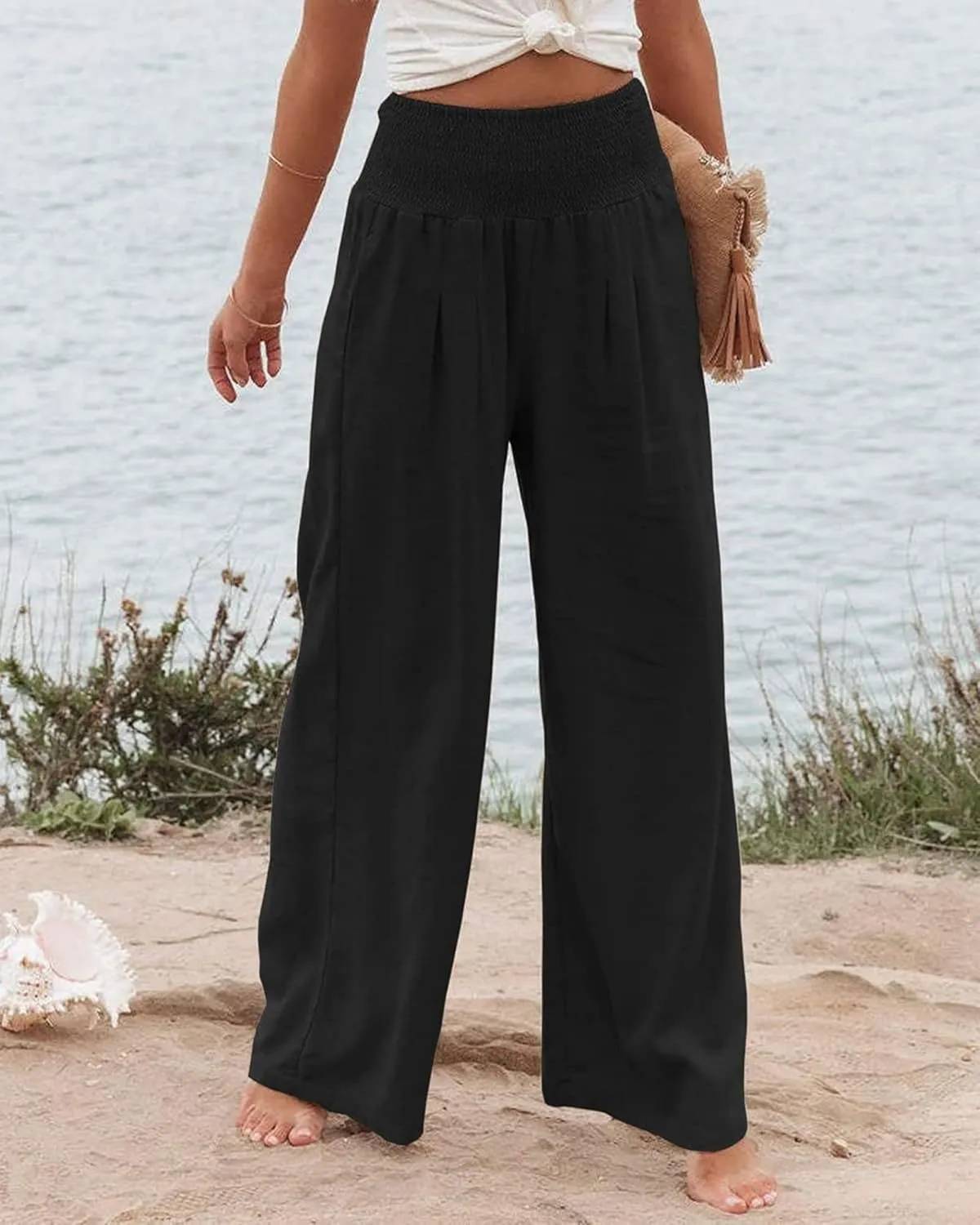 Linen Pants Women Wide Leg Boho Palazzo Pants 2025 Casual Elastic High Waisted Pants Drawstring Lounge Trousers