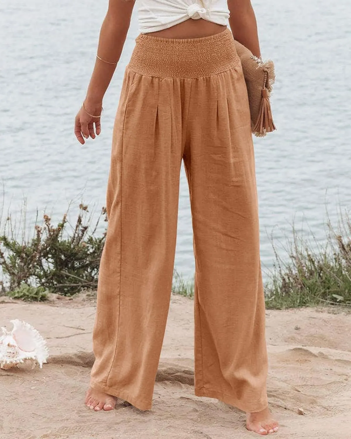 Linen Pants Women Wide Leg Boho Palazzo Pants 2025 Casual Elastic High Waisted Pants Drawstring Lounge Trousers