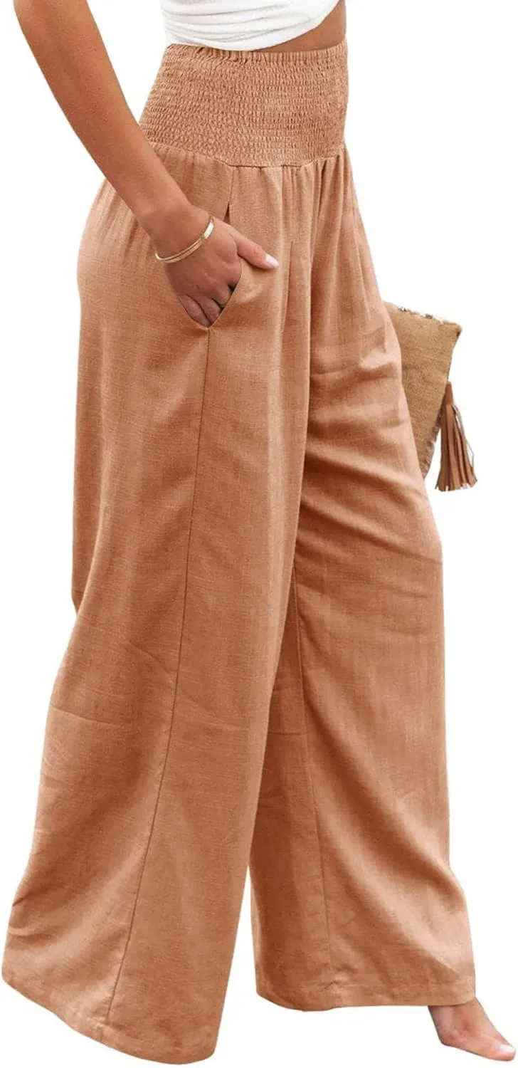 Linen Pants Women Wide Leg Boho Palazzo Pants 2025 Casual Elastic High Waisted Pants Drawstring Lounge Trousers