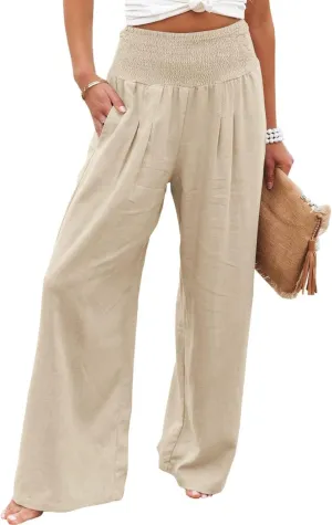 Linen Pants Women Wide Leg Boho Palazzo Pants 2025 Casual Elastic High Waisted Pants Drawstring Lounge Trousers