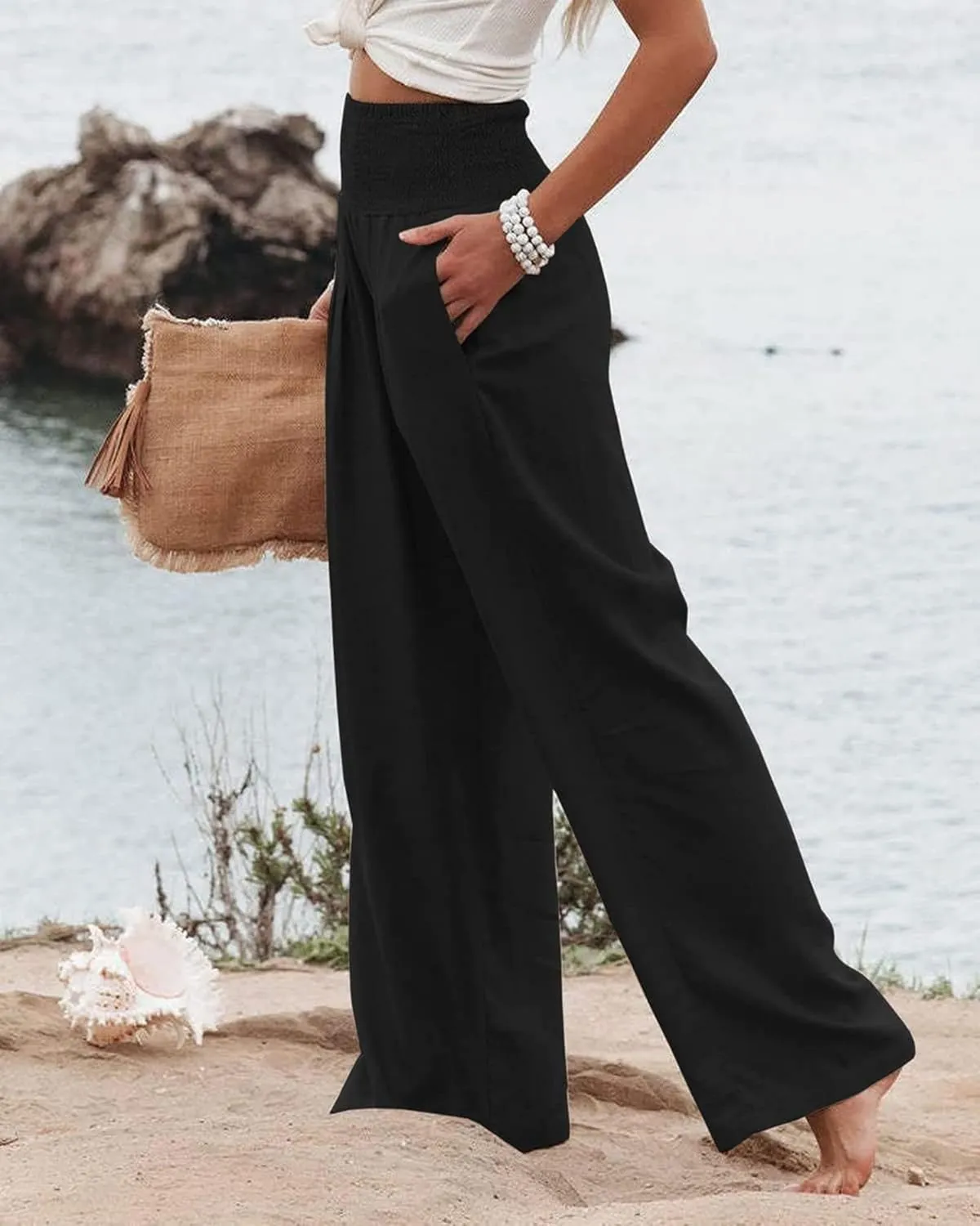 Linen Pants Women Wide Leg Boho Palazzo Pants 2025 Casual Elastic High Waisted Pants Drawstring Lounge Trousers