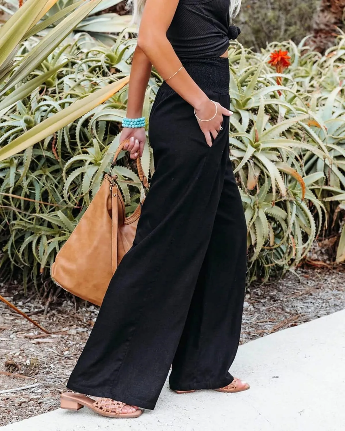 Linen Pants Women Wide Leg Boho Palazzo Pants 2025 Casual Elastic High Waisted Pants Drawstring Lounge Trousers