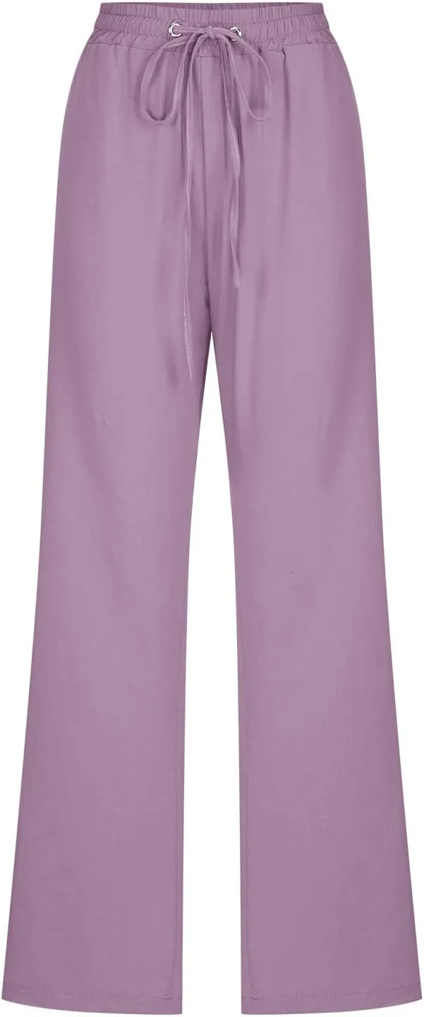 Linen Pants Women Wide Leg Summer Lounge Pants High Waisted Elastic Waist Trousers Fashion Trousers with Pockets 2025