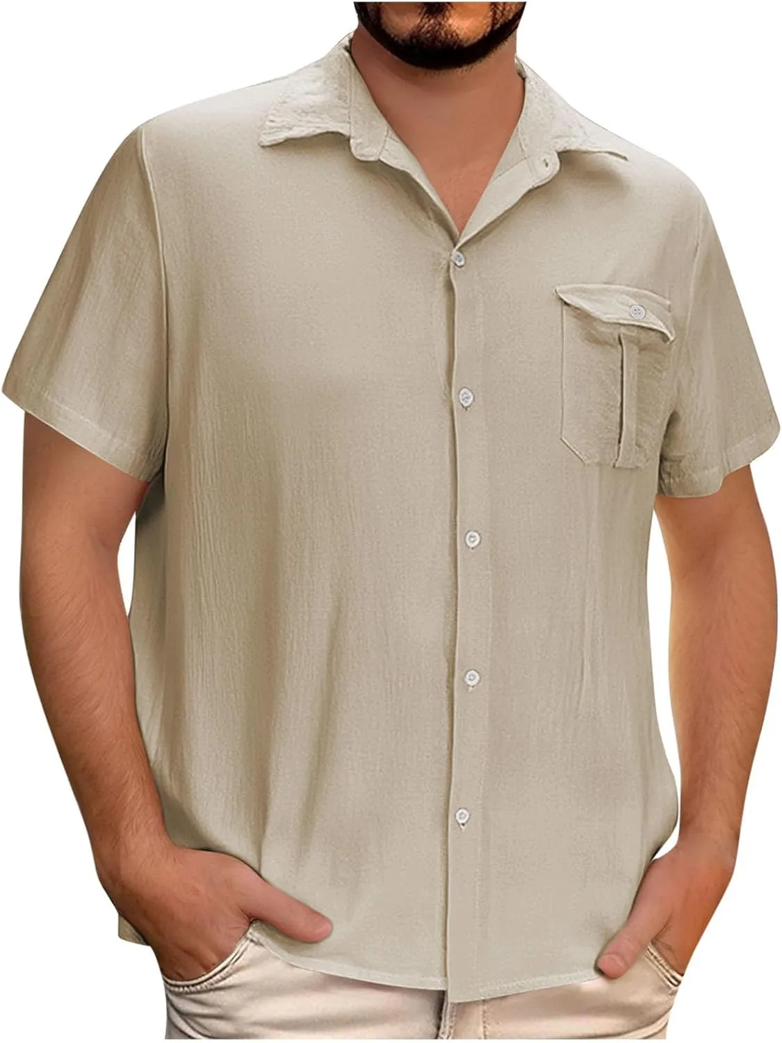 Linen Shirts for Men Mens Short Sleeve Button Down Shirts Collared Summer Beach T-Shirts Vacation Tops
