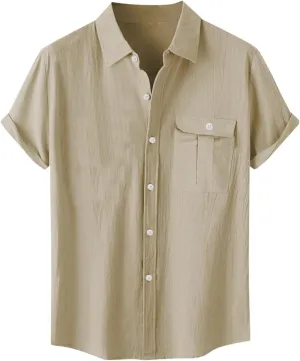 Linen Shirts for Men Mens Short Sleeve Button Down Shirts Collared Summer Beach T-Shirts Vacation Tops